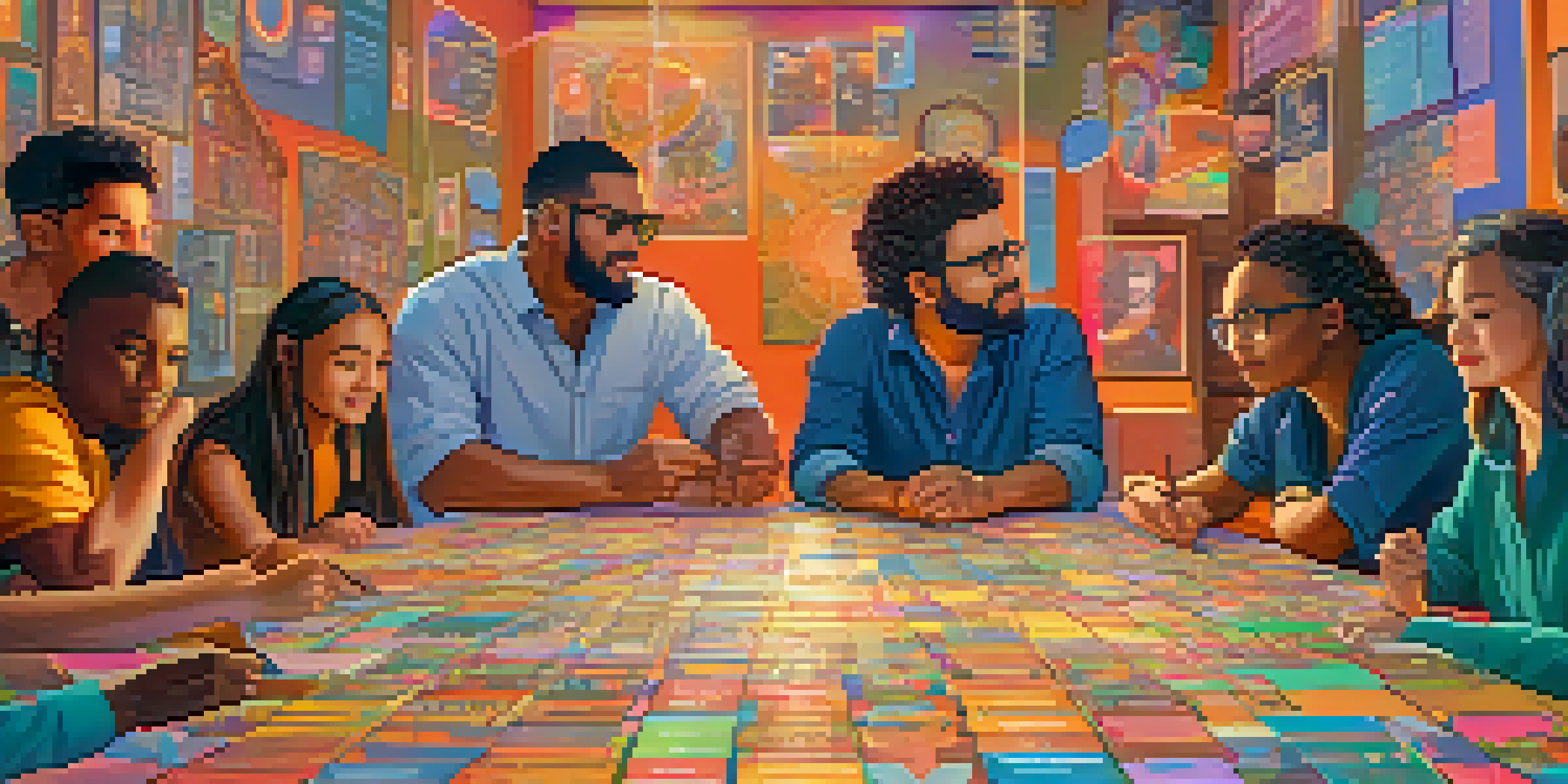 A diverse group of individuals discussing and voting on NFT projects around a large table, with colorful charts and NFT designs visible.