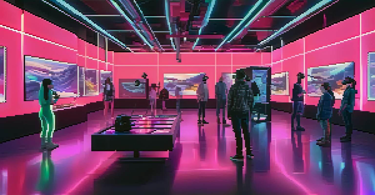 A virtual reality space where people interact with floating 3D models of digital collectibles, surrounded by a high-tech environment.