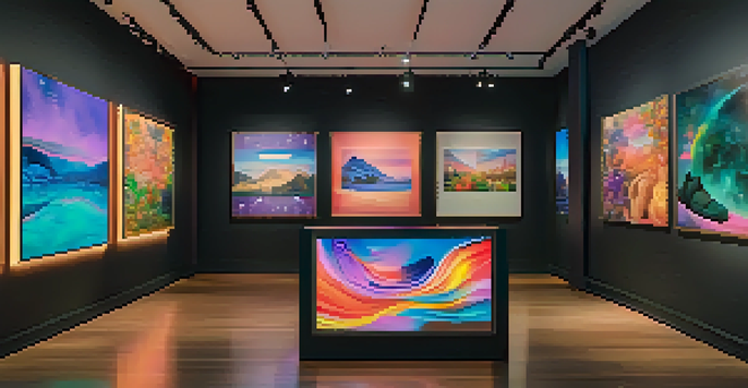 A digital art gallery featuring various colorful NFT artworks illuminated by soft ambient lighting.