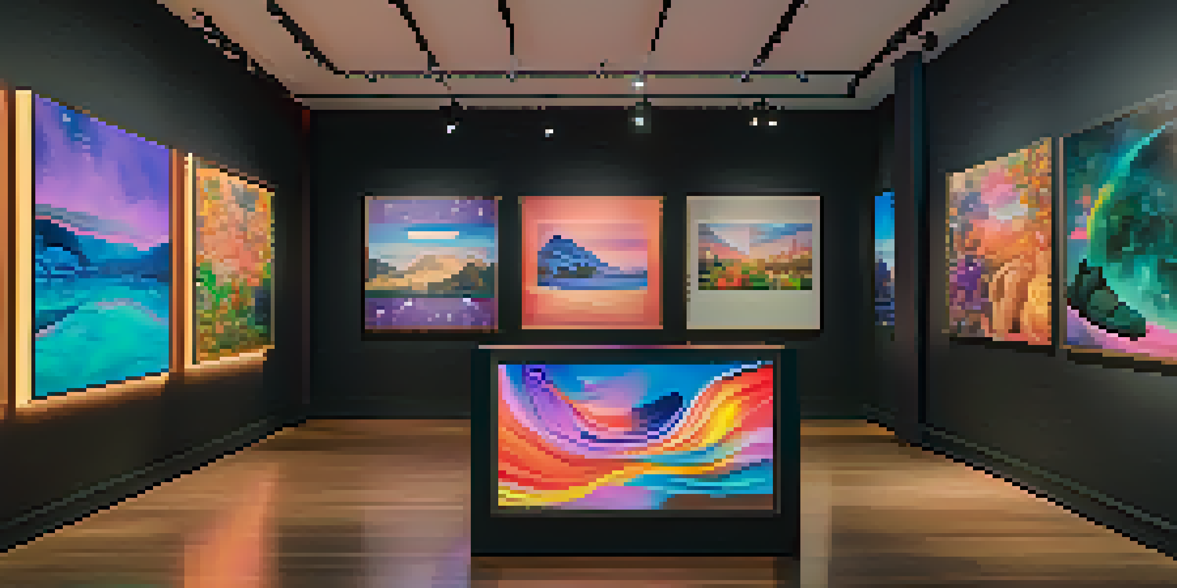 A digital art gallery featuring various colorful NFT artworks illuminated by soft ambient lighting.