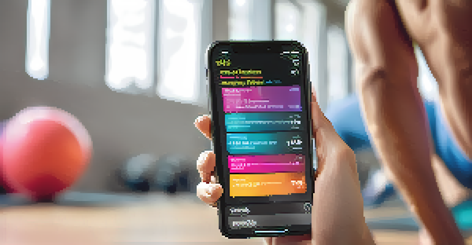 A close-up of a smartphone displaying a fitness app with workout plans, in a bright environment with a fitness enthusiast exercising.