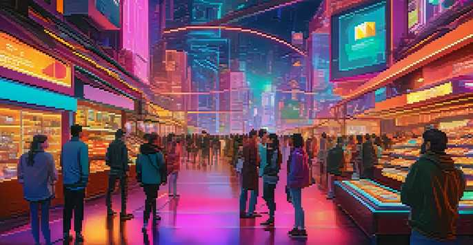 A futuristic digital marketplace with colorful NFTs displayed on screens, players interacting, and a neon-lit cityscape in the background.