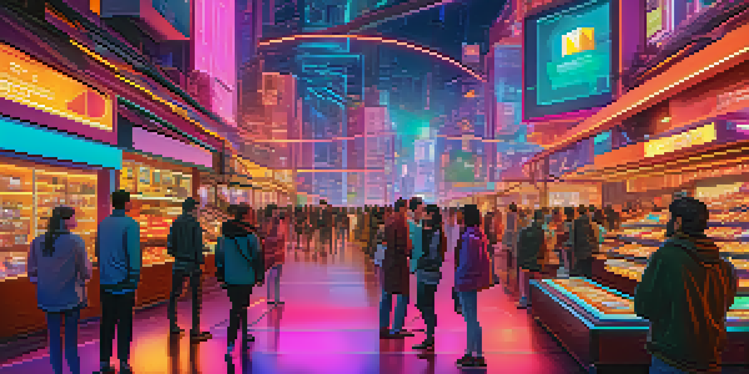 A futuristic digital marketplace with colorful NFTs displayed on screens, players interacting, and a neon-lit cityscape in the background.
