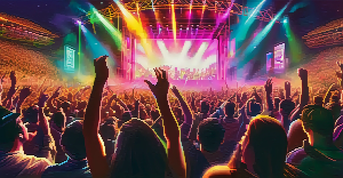 A lively concert scene with a crowd enjoying a performance, colorful stage lights, and NFT tickets being held up.