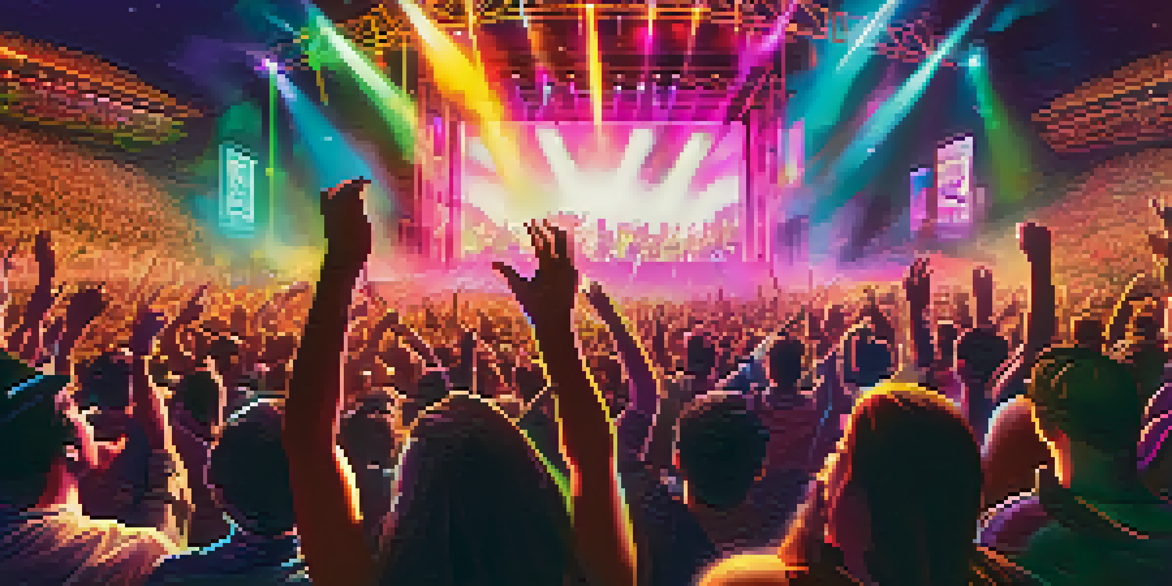 A lively concert scene with a crowd enjoying a performance, colorful stage lights, and NFT tickets being held up.