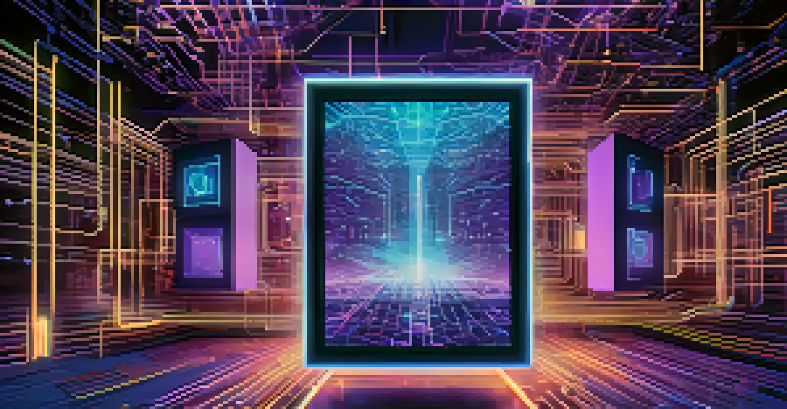 An abstract view of NFTs with colorful digital art pieces in a virtual space, against a blue and purple background with circuit patterns.