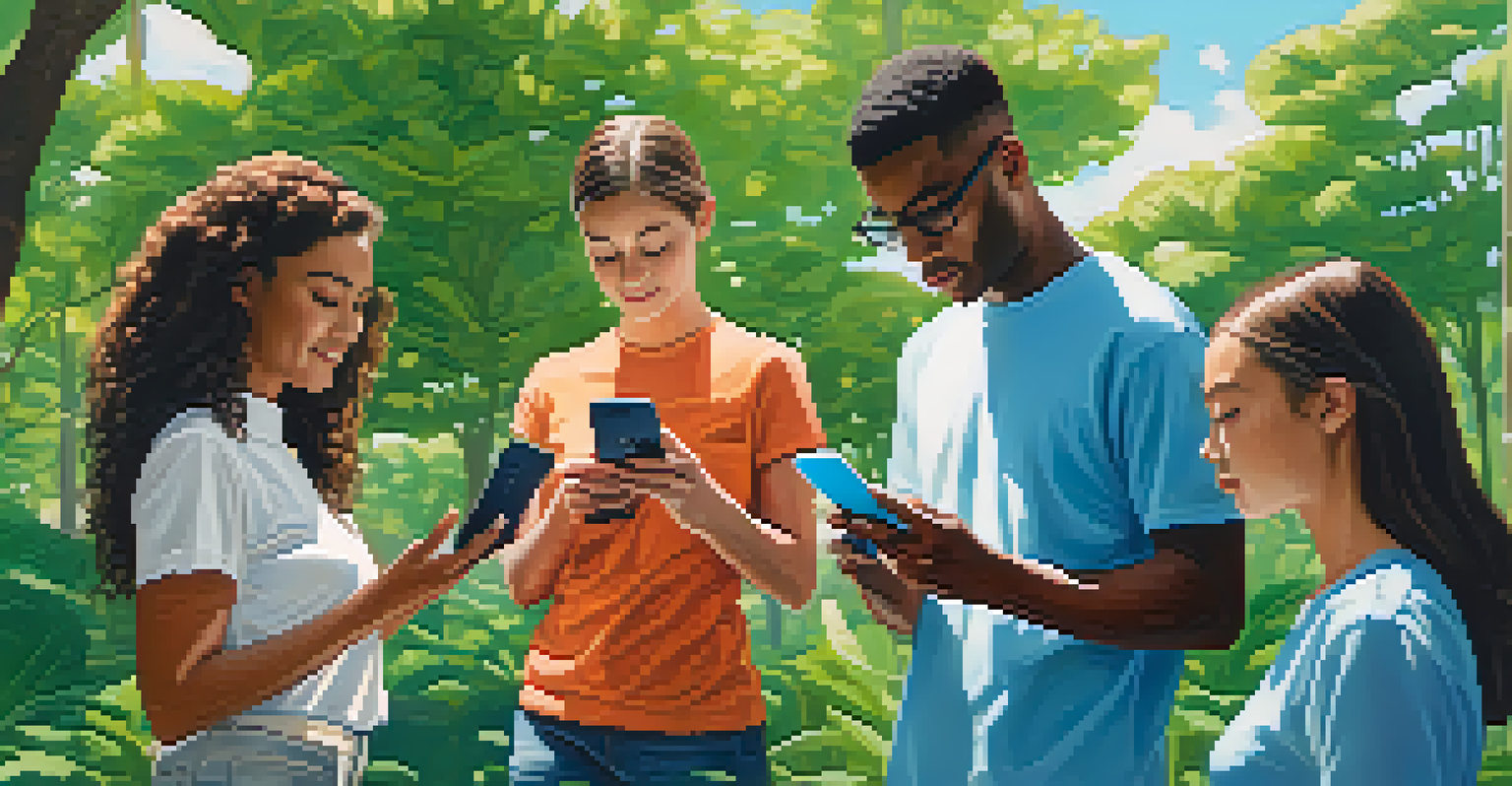 People scanning digital identity NFTs with smartphones in a green outdoor setting, conveying trust and security.