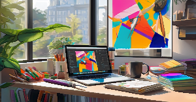 A creative workspace with an open laptop showing NFT art, sketches, colorful markers, and a cup of coffee, bathed in warm natural light.