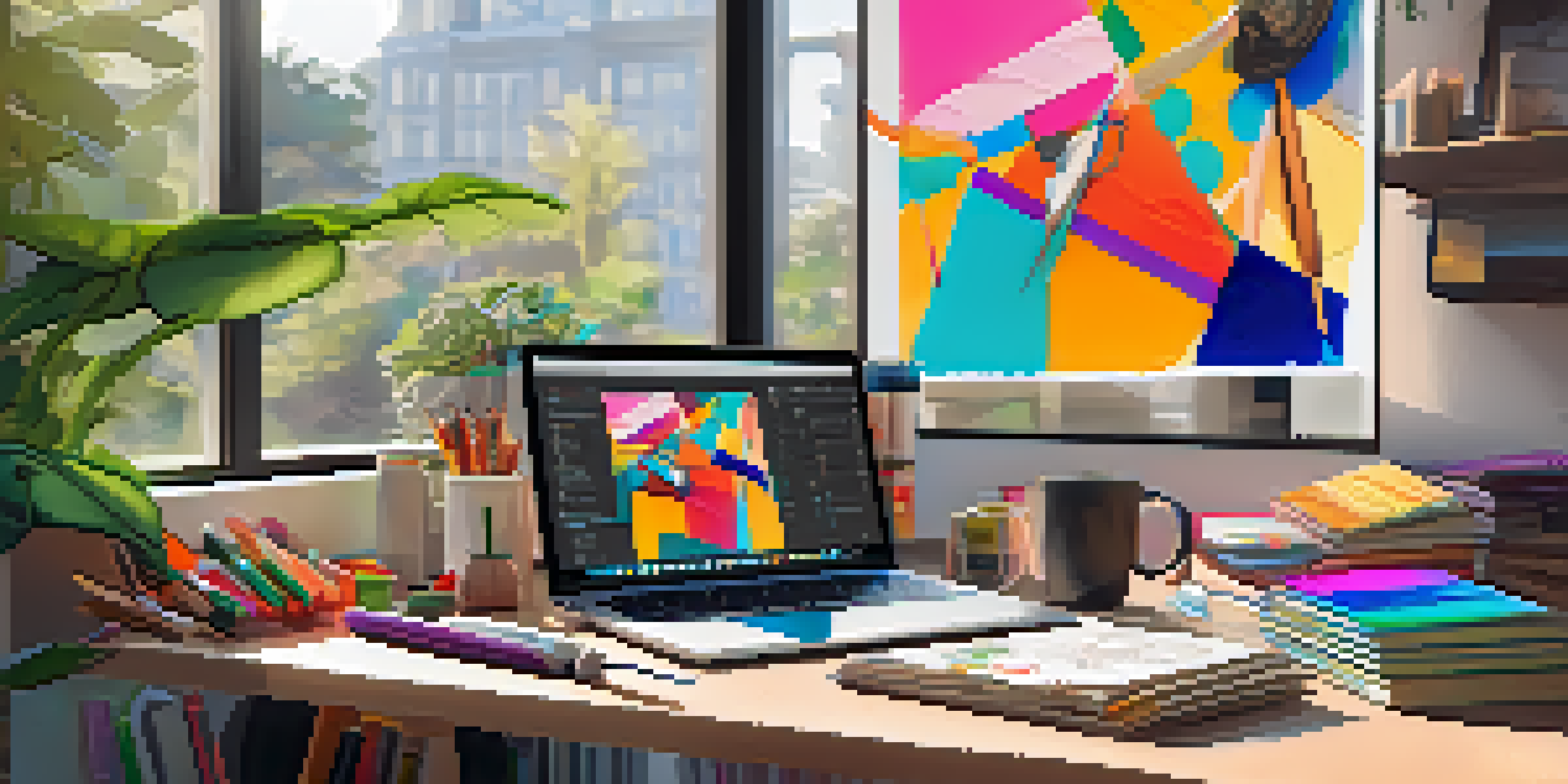 A creative workspace with an open laptop showing NFT art, sketches, colorful markers, and a cup of coffee, bathed in warm natural light.