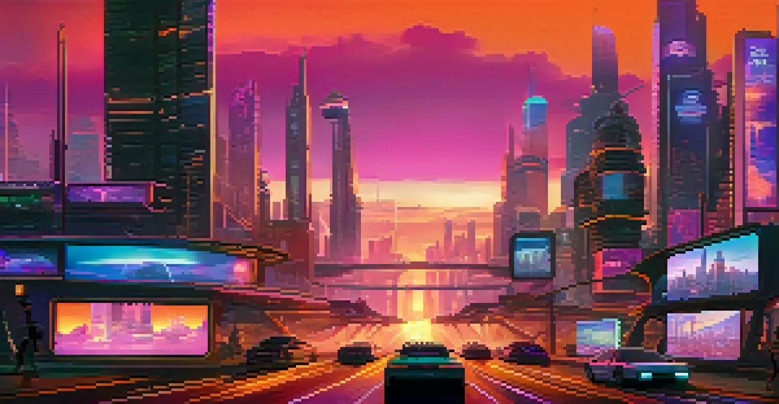 A futuristic city skyline at sunset with billboards displaying NFTs and digital art.