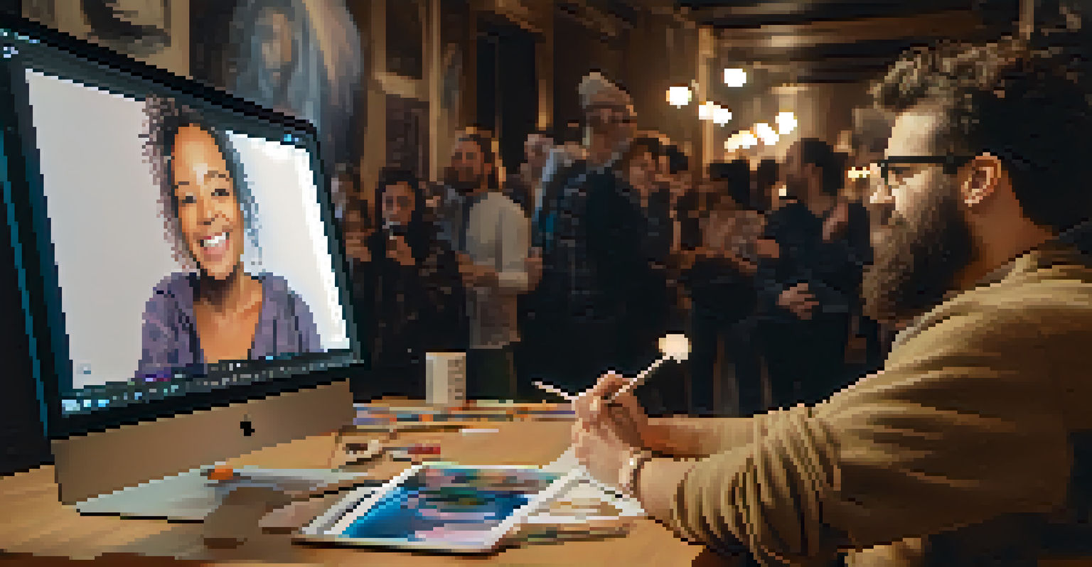 An artist live-streaming their art session, interacting with an enthusiastic online audience.