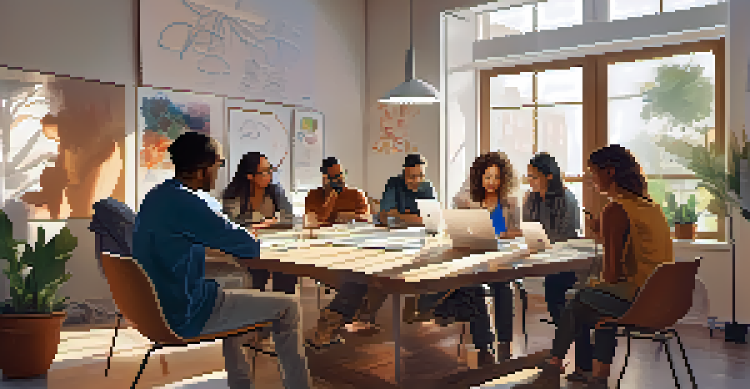 A diverse group of people in a brainstorming session for an NFT platform design, discussing ideas with sketches and devices in a bright room.