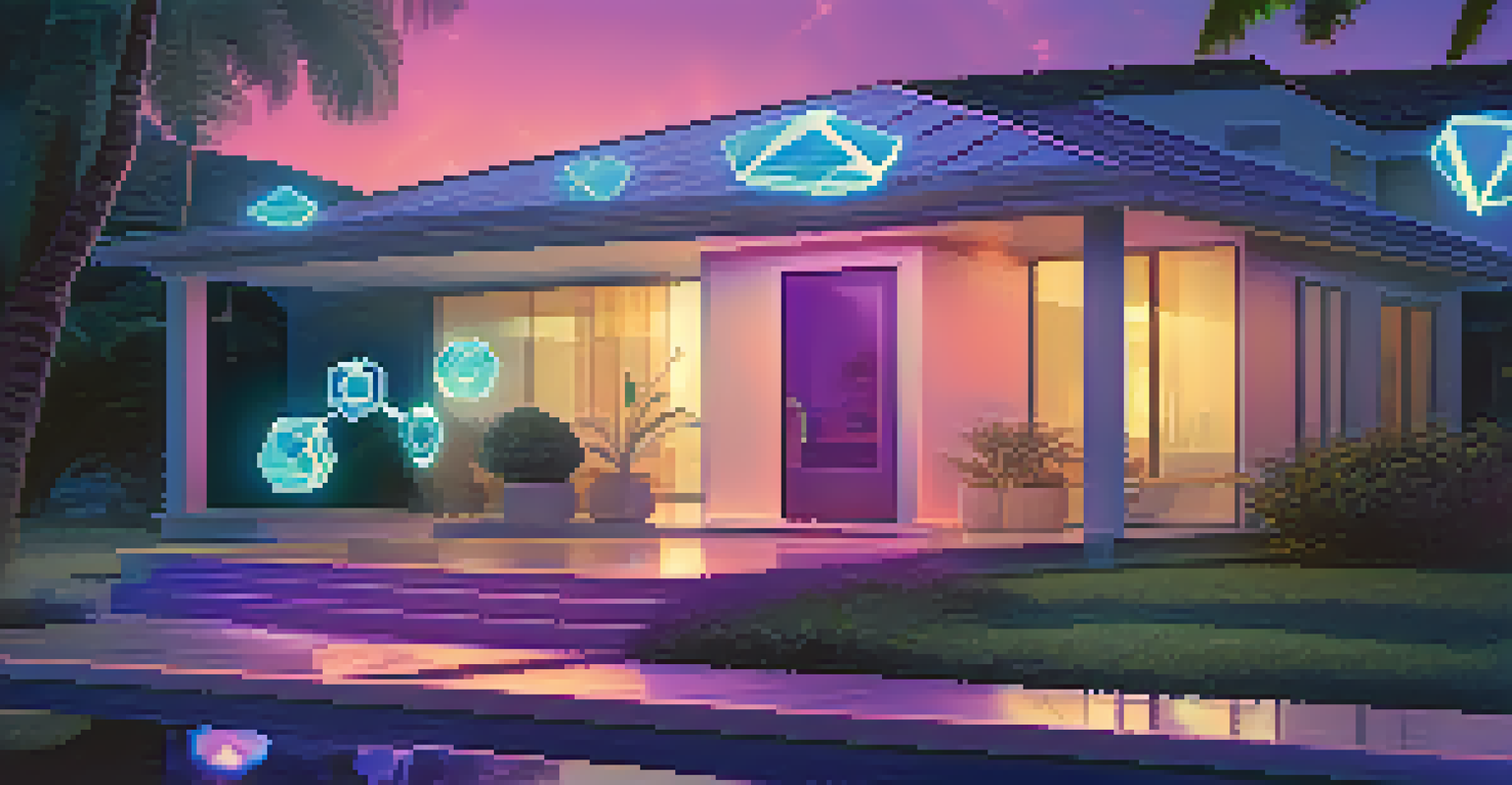 A stylized house surrounded by floating digital tokens, representing blockchain technology and tokenization in real estate.