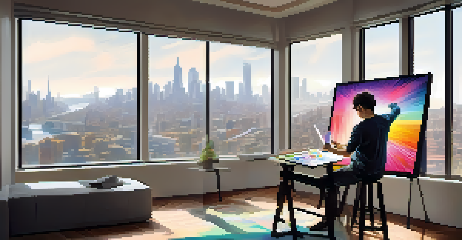 A graphic designer sketching on a digital tablet with a cityscape view through a large window.