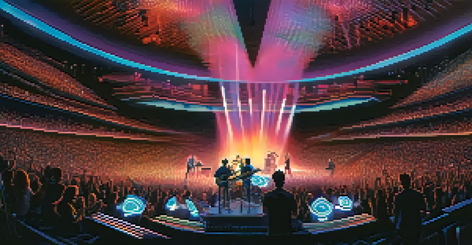 A virtual concert scene with holographic musicians and fans interacting through devices, illuminated by dynamic stage lights.