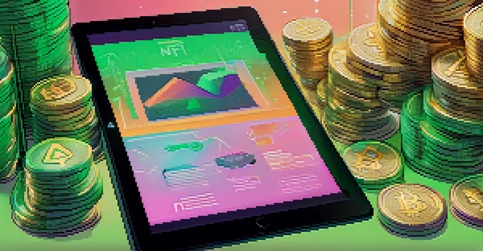 A digital tablet displaying a smart contract with artistic NFTs and blockchain symbols around it, set against a gradient background.