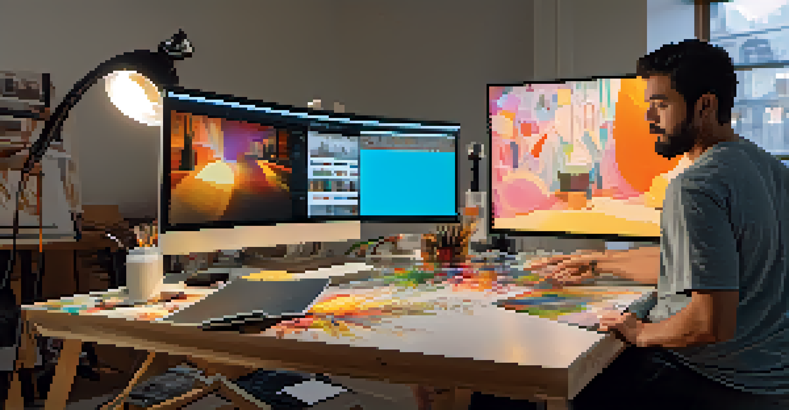 A split image showing an artist in a studio painting on canvas, contrasted with a digital artist creating NFTs at a modern computer setup.
