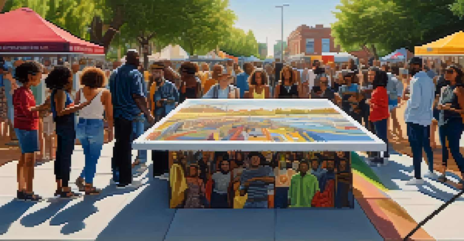 An outdoor art installation with large prints of NFTs on social justice themes, surrounded by diverse people discussing the artwork under natural sunlight.