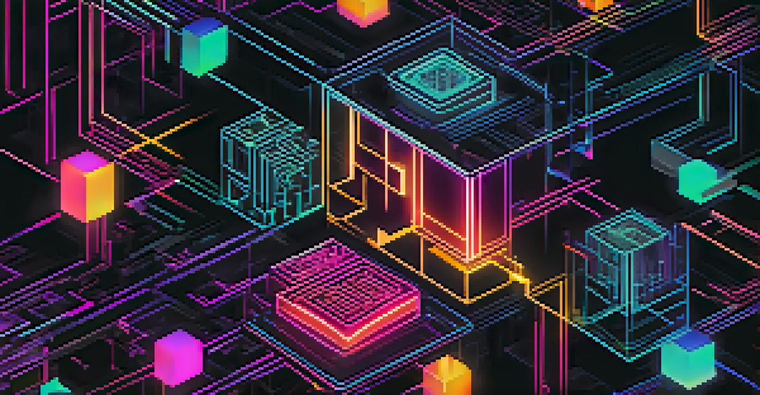 An abstract depiction of blockchain technology with glowing interconnected blocks in neon colors on a dark background.