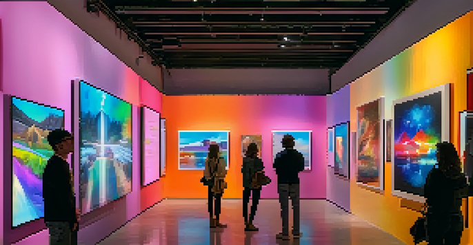 A modern digital art gallery with colorful NFT artworks displayed on screens, people interacting and discussing the pieces.