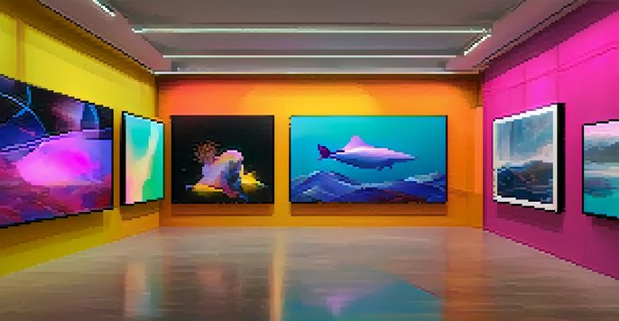 A digital art gallery filled with colorful abstract NFTs and interactive screens, under soft ambient lighting.