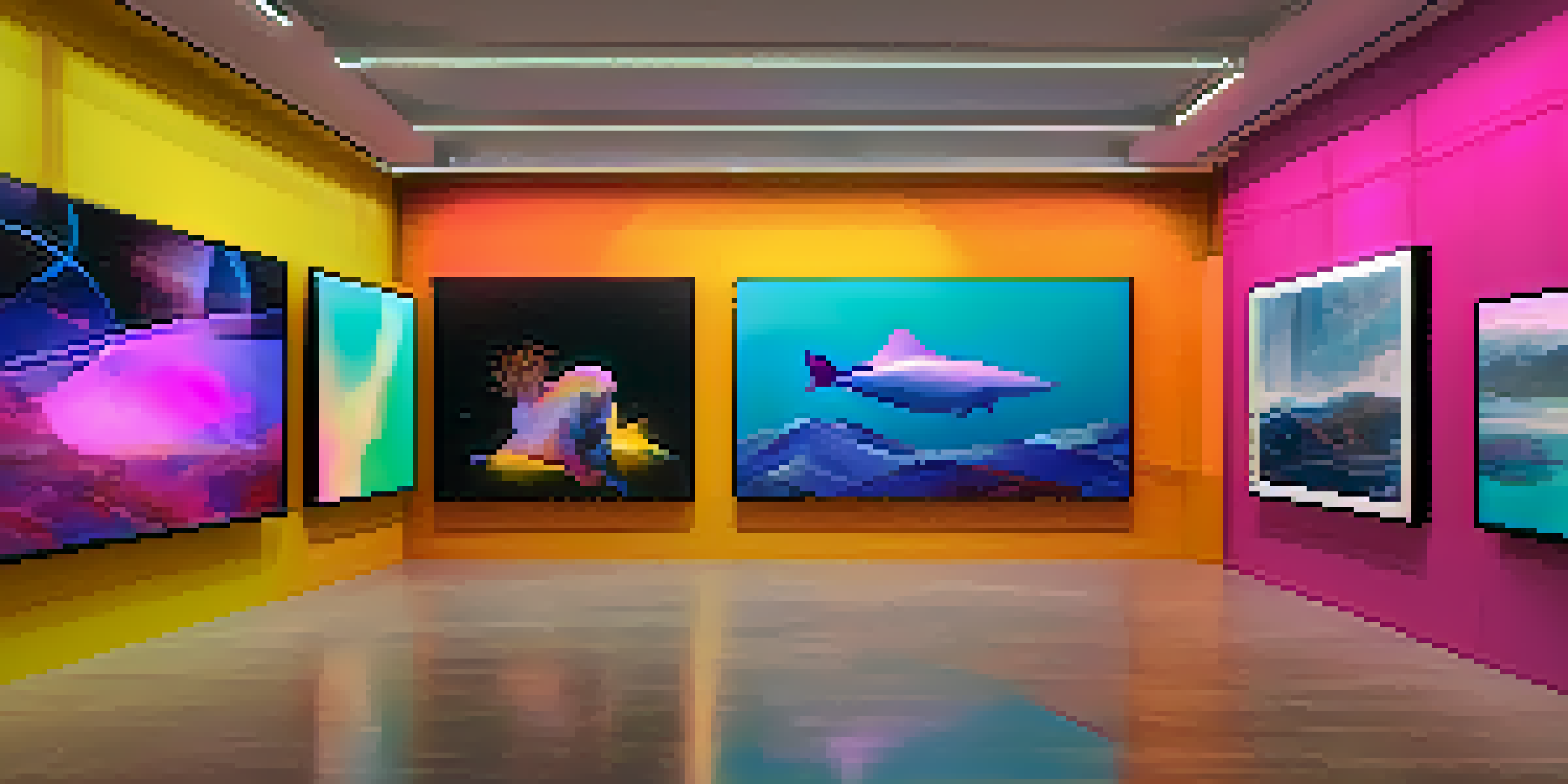 A digital art gallery filled with colorful abstract NFTs and interactive screens, under soft ambient lighting.
