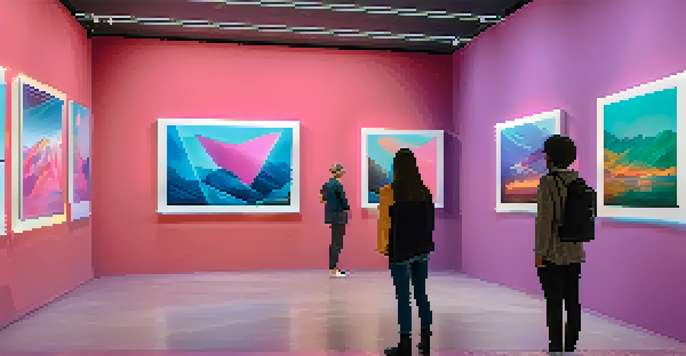 A digital art gallery with modern screens displaying colorful NFTs, illuminated by soft lighting, and visitors admiring the artworks.