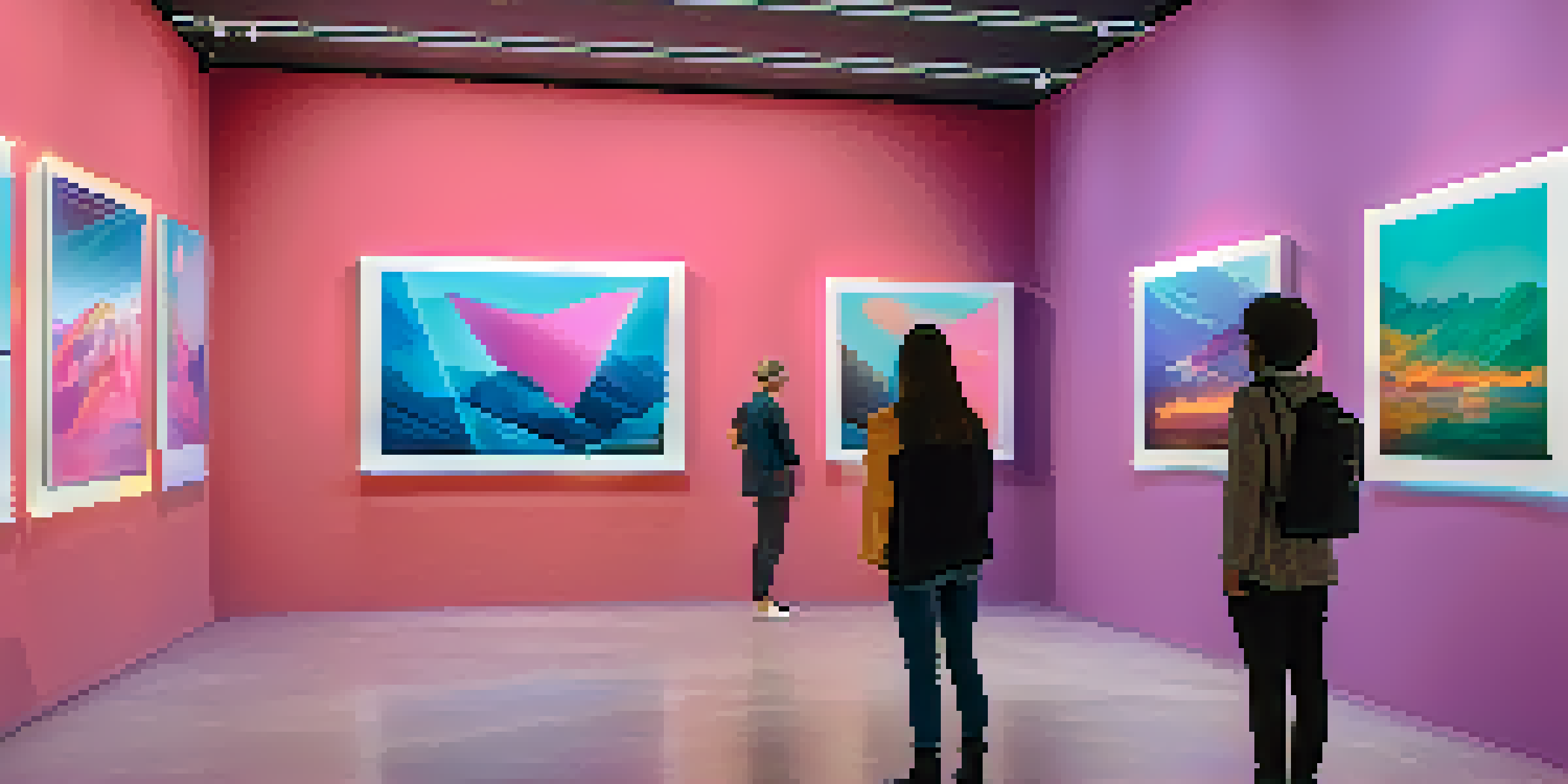 A digital art gallery with modern screens displaying colorful NFTs, illuminated by soft lighting, and visitors admiring the artworks.