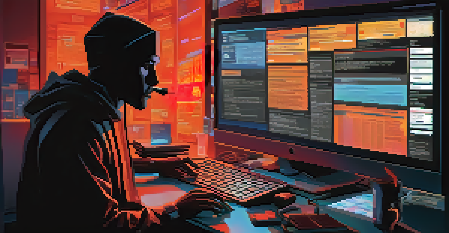 A shadowy figure in front of a computer, with phishing emails and fake websites illustrated in a dark artistic style.