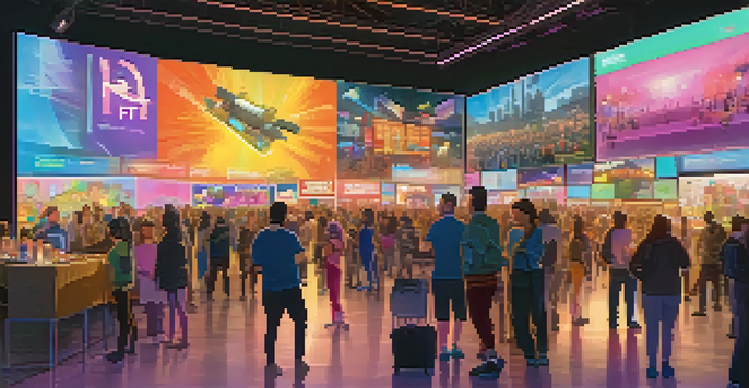 A lively scene at an NFT marketplace with diverse people showcasing digital art and colorful banners.