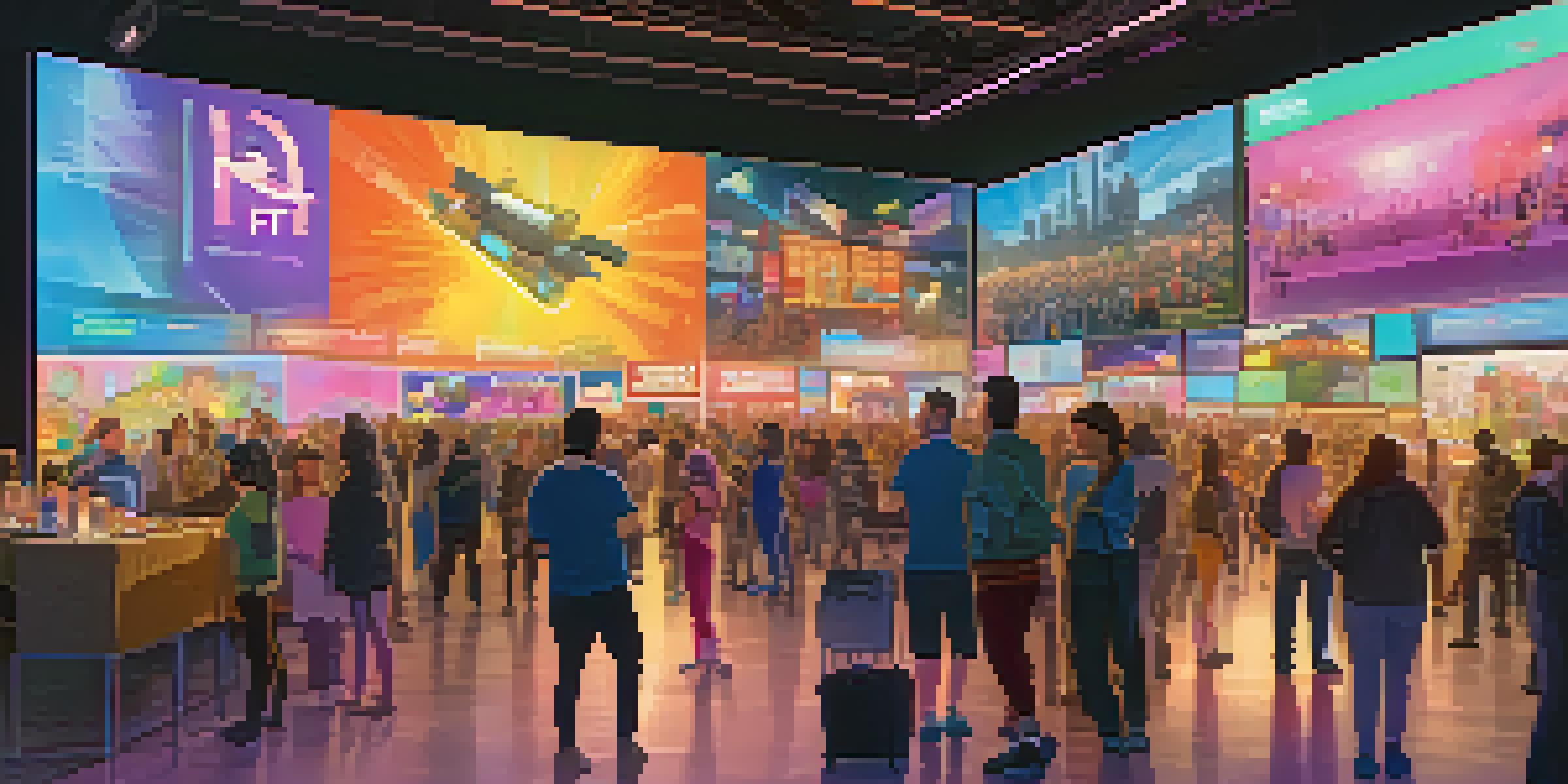 A lively scene at an NFT marketplace with diverse people showcasing digital art and colorful banners.