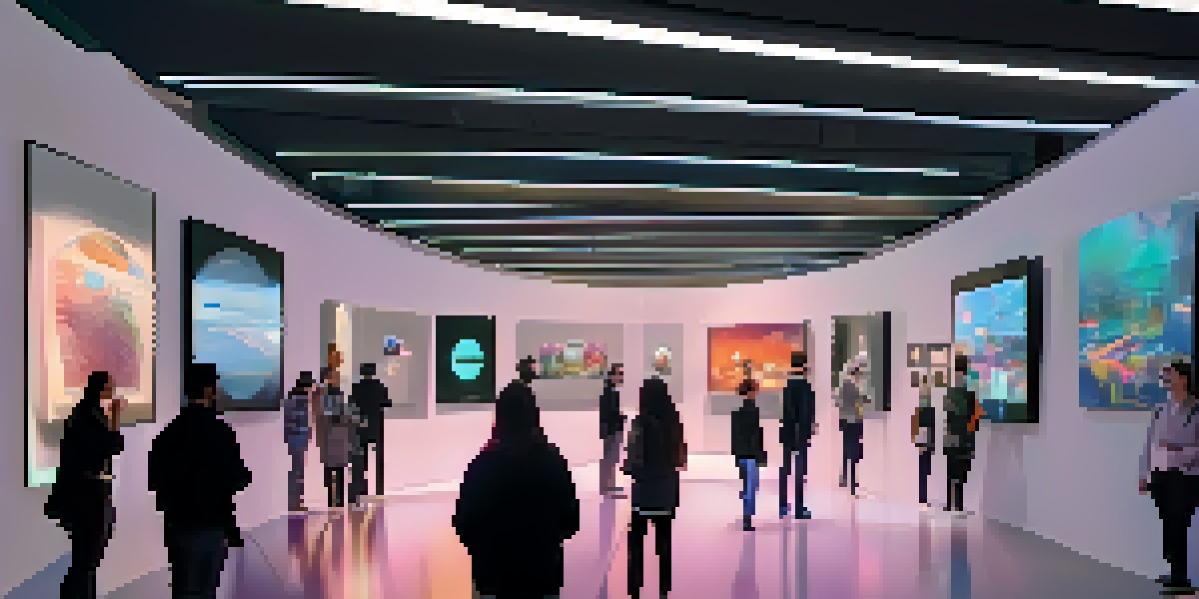 A futuristic digital gallery showcasing NFTs with visitors admiring the holographic displays in a bright and modern environment.