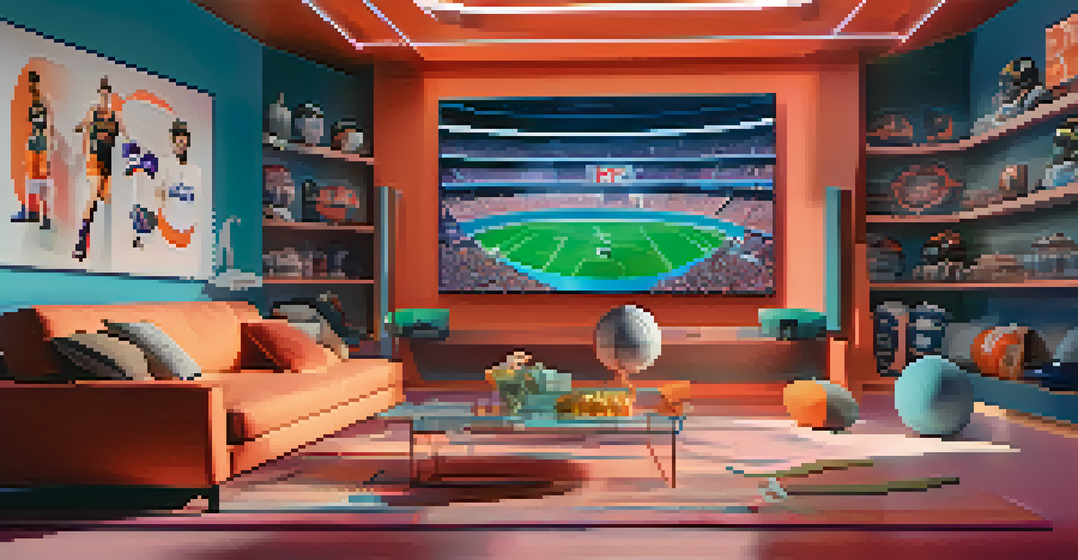 Fans wearing VR headsets interacting with digital sports collectibles and athletes in a high-tech virtual environment.
