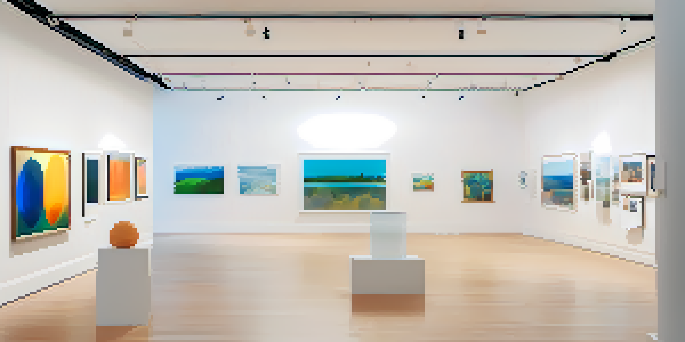 A modern digital art gallery filled with unique NFTs, featuring diverse visitors admiring artworks in a bright, spacious setting.