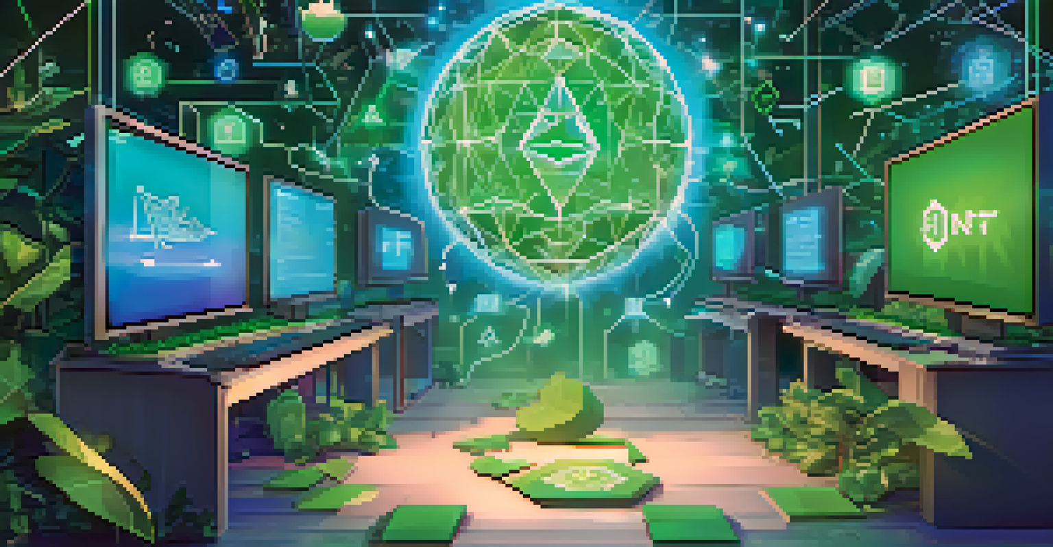 An illustration of NFTs in charity fundraising, with a blockchain symbol surrounded by digital artworks and charity icons against a gradient background.