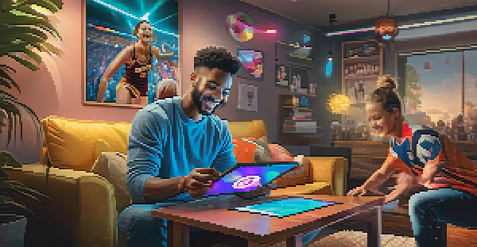 A sports fan in a cozy living room receives a digital NFT collectible on a tablet, surrounded by colorful holographic sports moments.