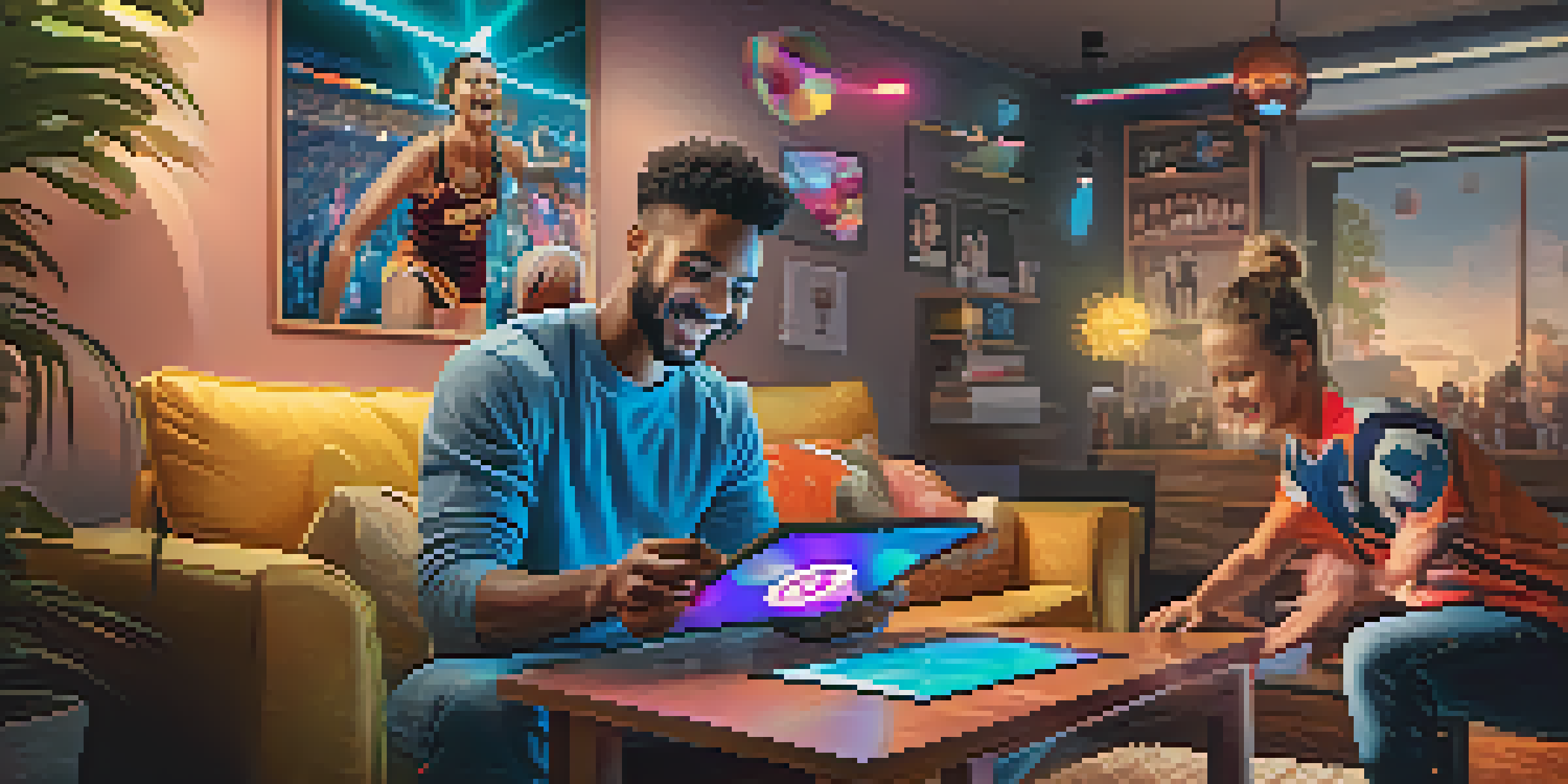 A sports fan in a cozy living room receives a digital NFT collectible on a tablet, surrounded by colorful holographic sports moments.
