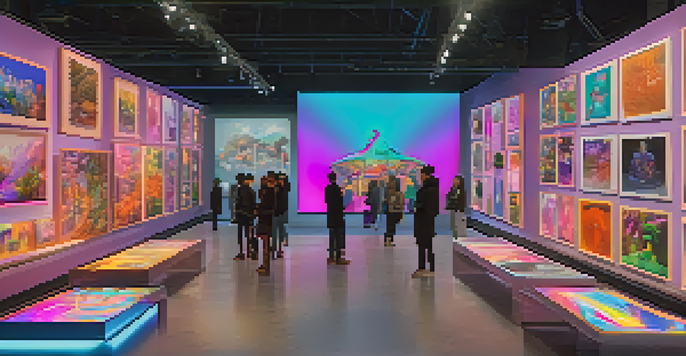 A digital art marketplace filled with colorful NFTs and users engaging with the artworks.