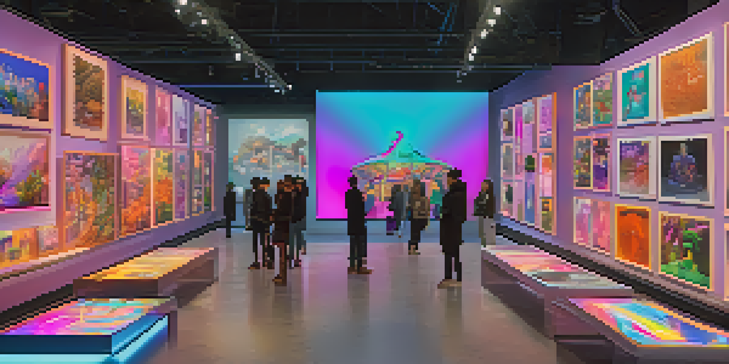 A digital art marketplace filled with colorful NFTs and users engaging with the artworks.