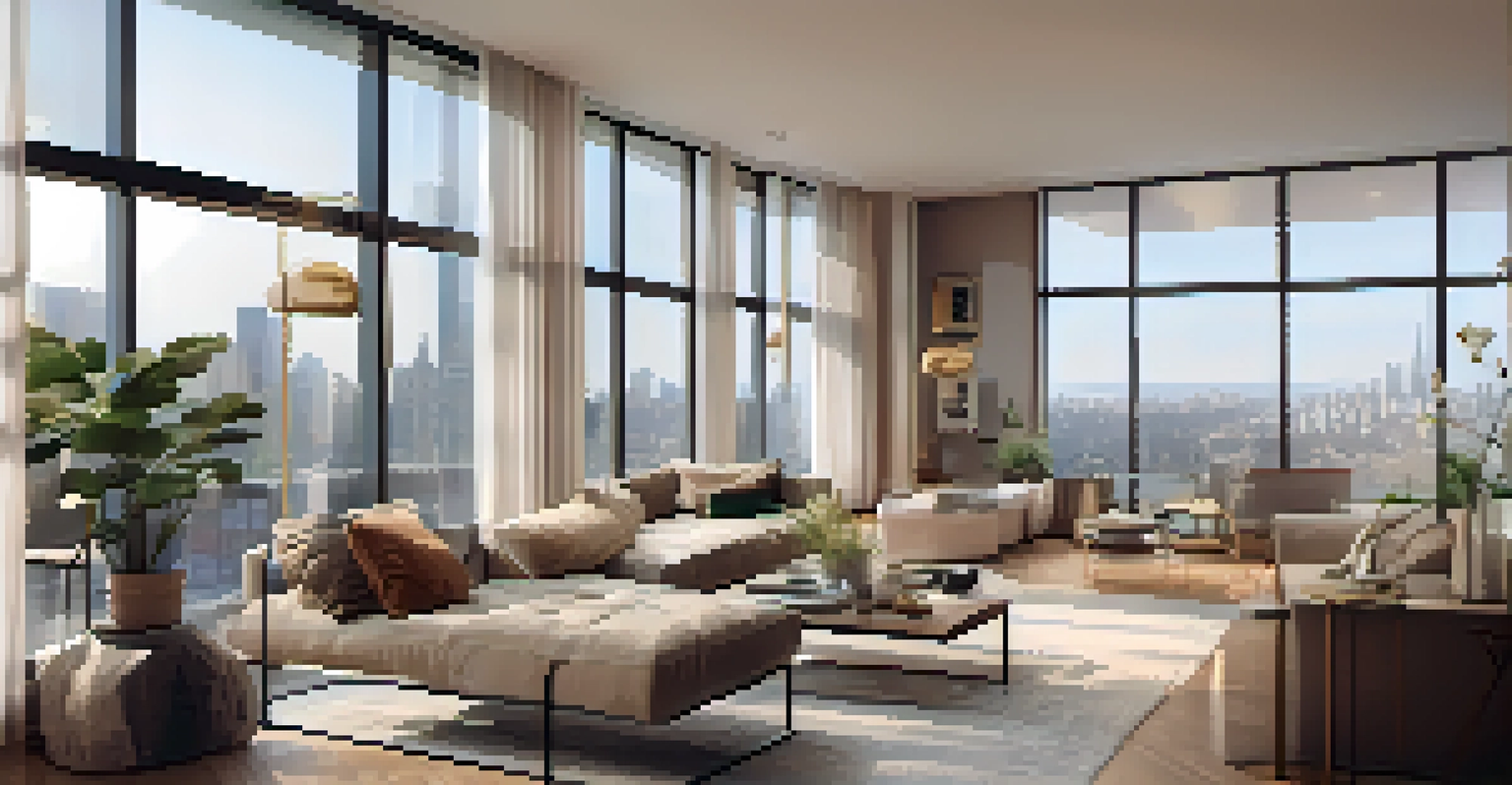 A luxurious apartment interior with modern furniture and a city view, displaying an NFT certificate on the wall.