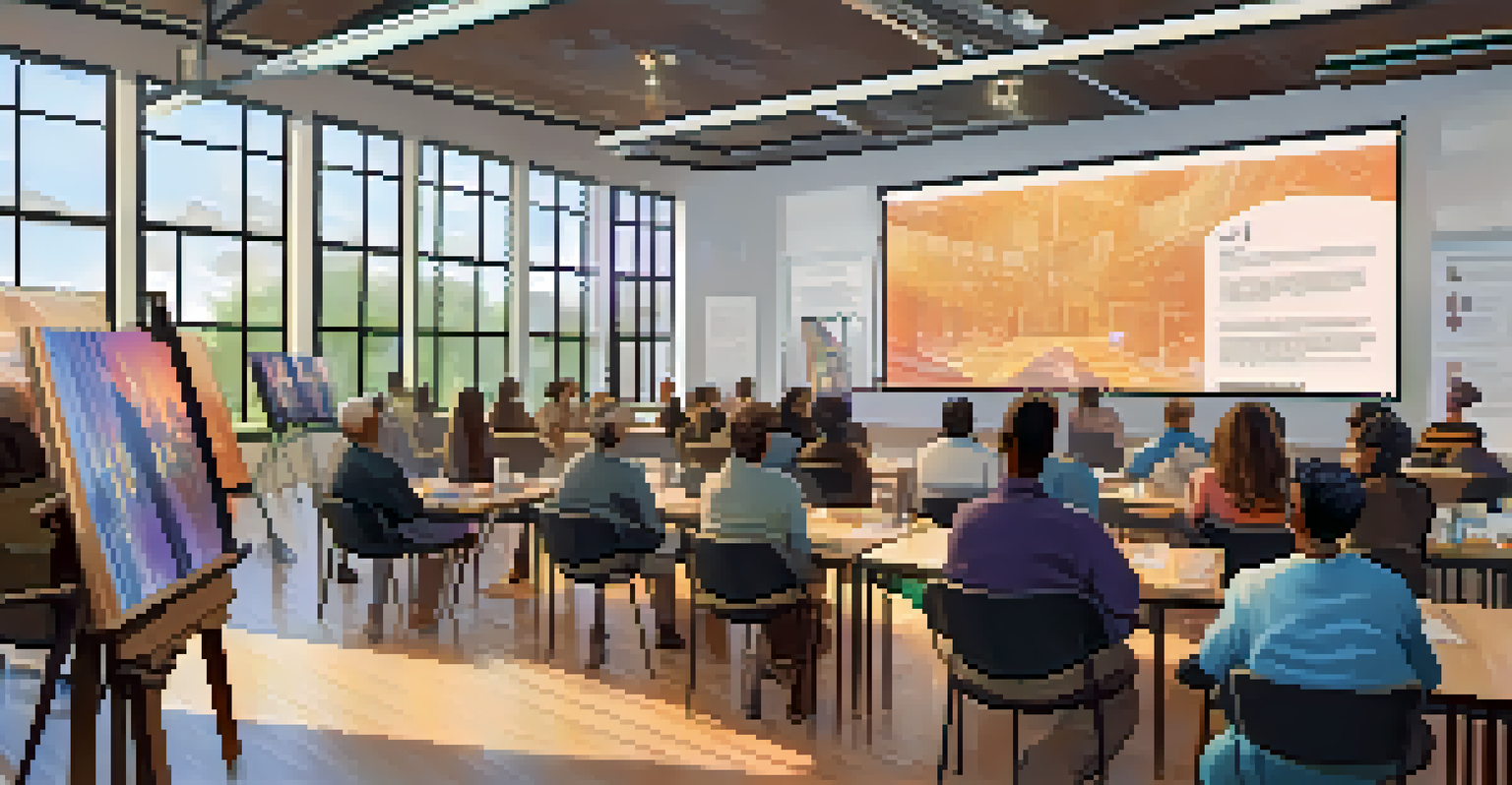 A diverse group of people participating in a workshop about NFTs and blockchain, with a projector showing informative slides in a well-lit room.