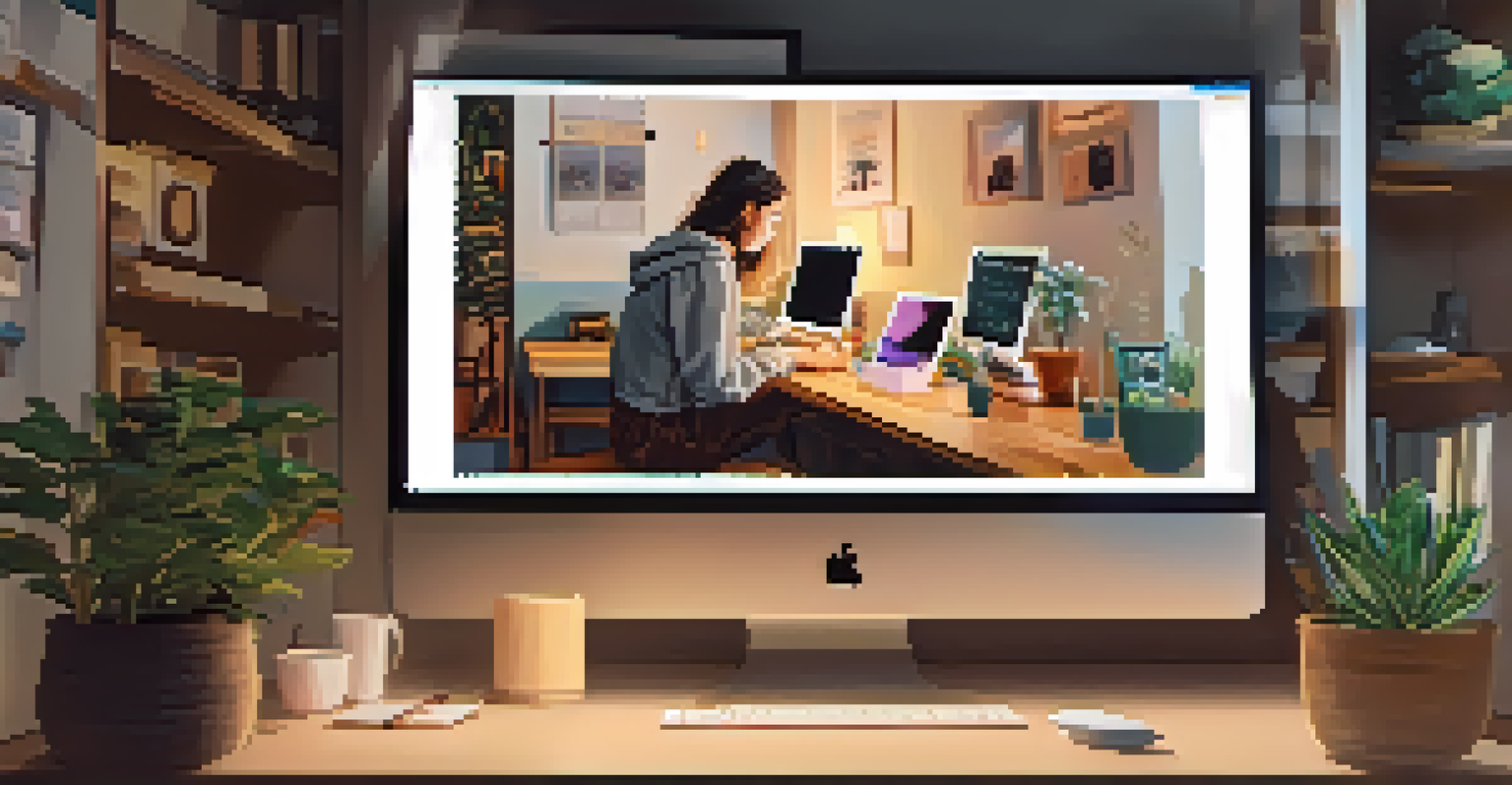A person working at a cozy desk, focused on a computer screen showing an NFT marketplace, with framed digital art on the wall.