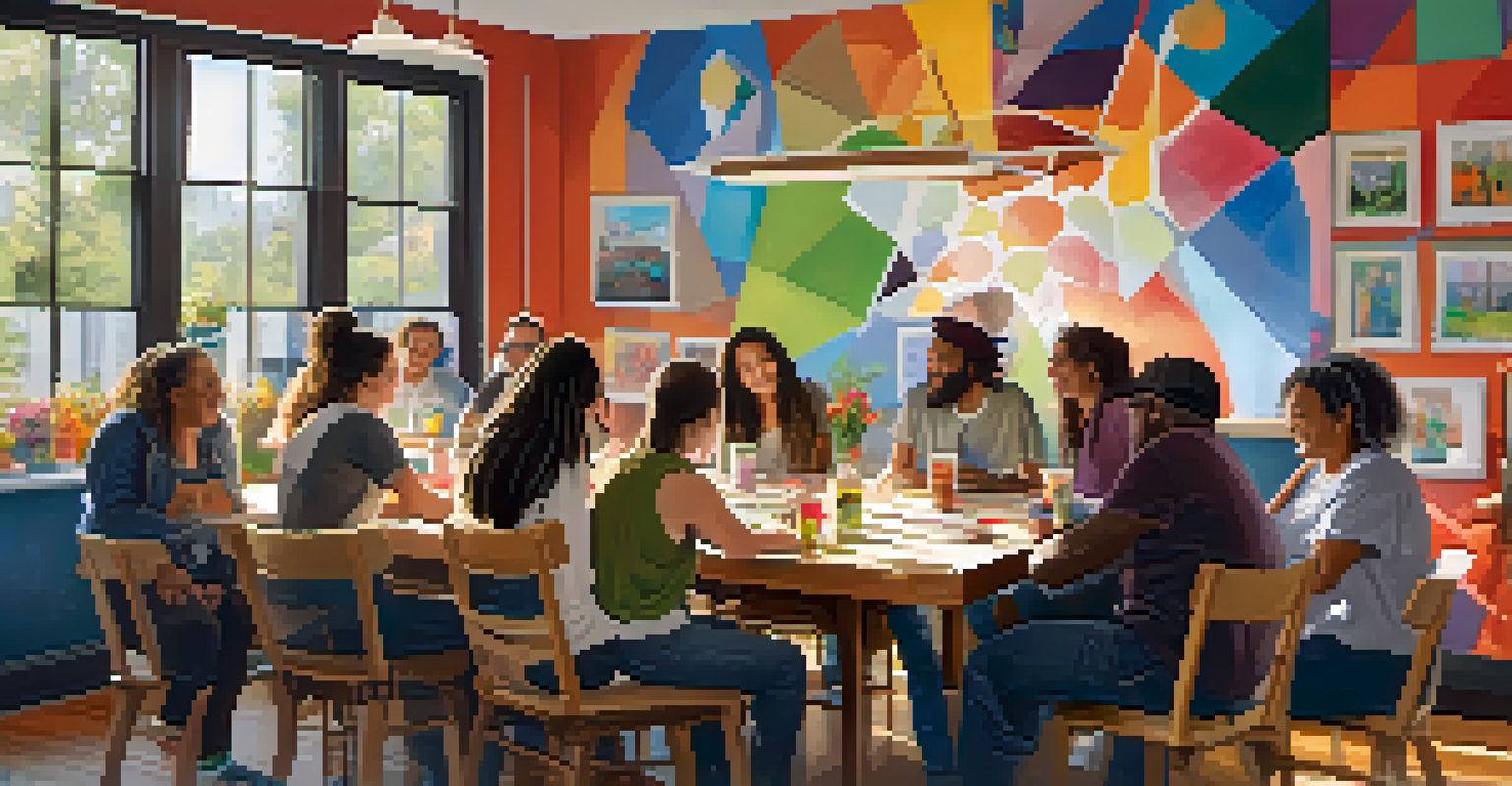 A group of diverse artists collaborating on a mural in a cozy community space, surrounded by colorful artworks and natural light.