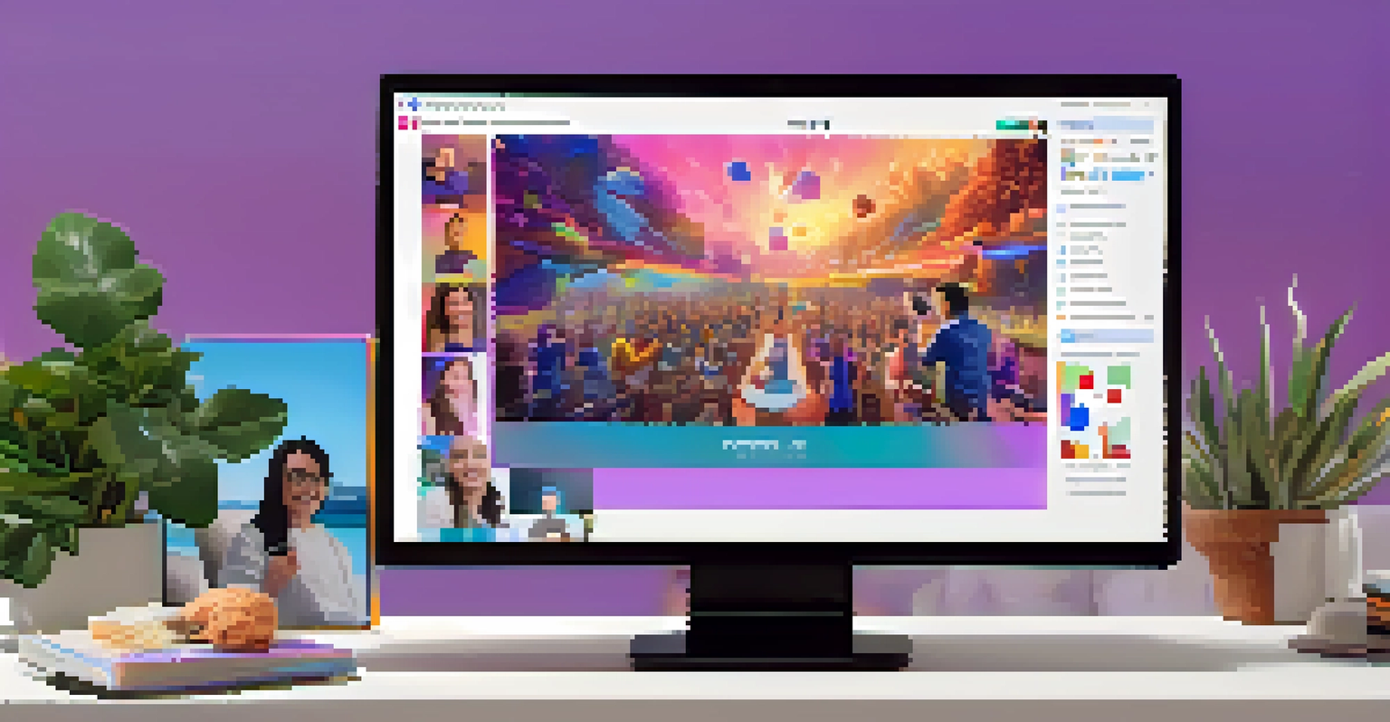 A vibrant online NFT community event with participants interacting and sharing their digital art on a computer screen.