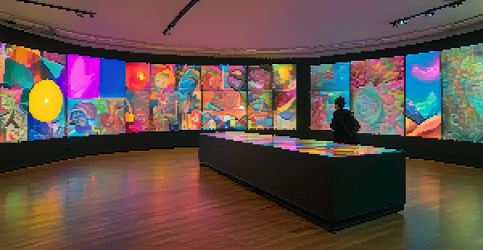 An art gallery filled with diverse people admiring digital artworks displayed on screens, illuminated by soft lighting and colorful projections.