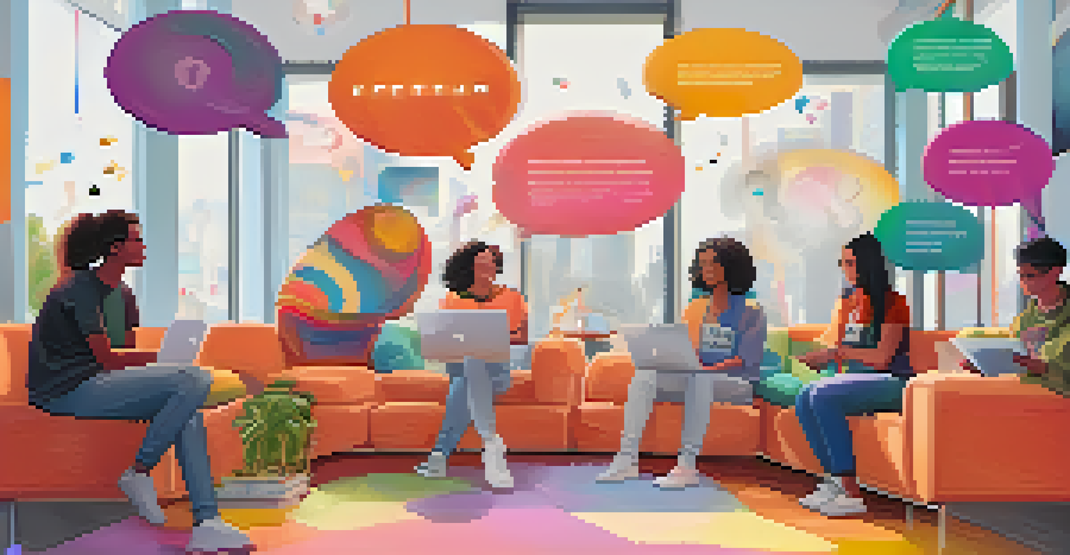 A digital forum depicting avatars discussing NFTs, with colorful banners and chat bubbles creating an engaging community atmosphere.