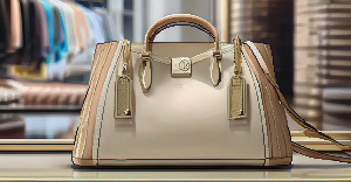 A luxurious handbag with a digital NFT tag, displayed in a boutique with soft lighting, highlighting its intricate textures.