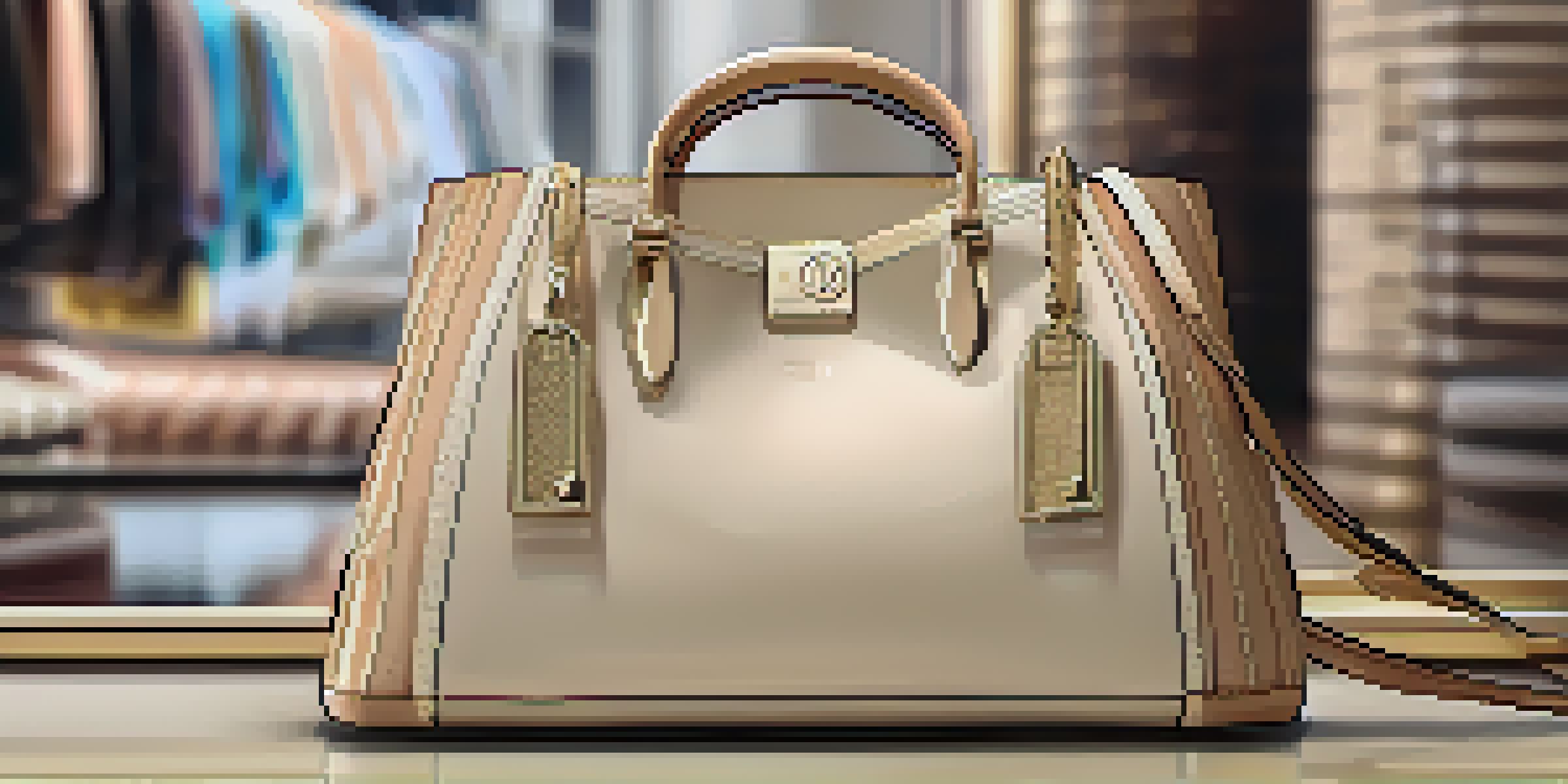 A luxurious handbag with a digital NFT tag, displayed in a boutique with soft lighting, highlighting its intricate textures.