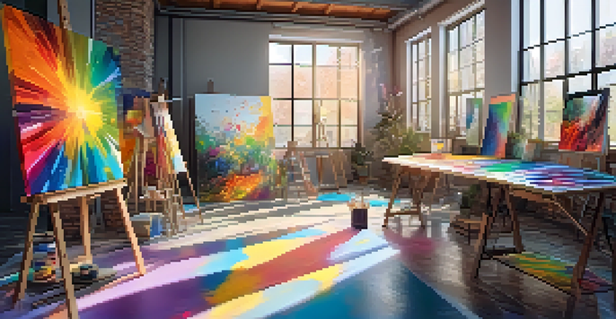 A colorful digital art studio with canvases and a digital tablet displaying NFT artwork, illuminated by sunlight.