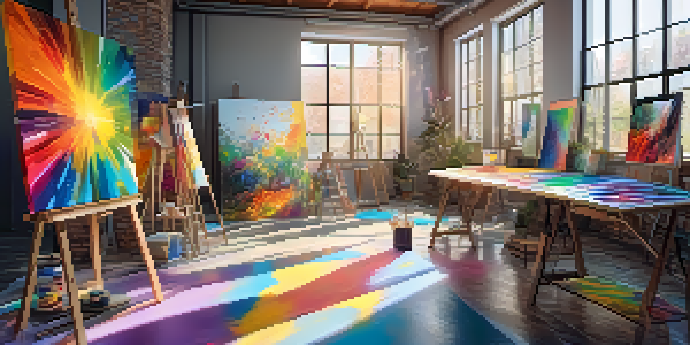 A colorful digital art studio with canvases and a digital tablet displaying NFT artwork, illuminated by sunlight.